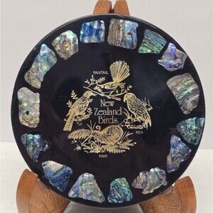 Vintage New Zealand Birds Lucite Abalone Shell Black MCM Trivet Plate Coaster